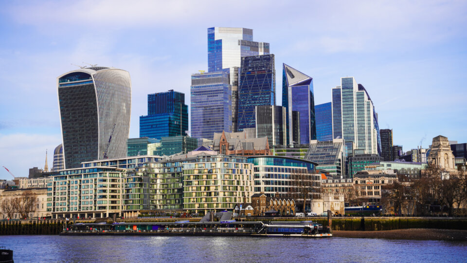London Square Mile Financial District and London River Thames, England, UK
